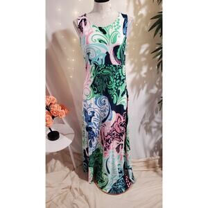 Talbots Womens Abstract Paisley Jersey Stretch Maxi Dress Size M Keyhole Back